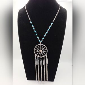 Boho Dreamcatcher Pendant Necklace w/ Turquoise Beads & Feather Fringe